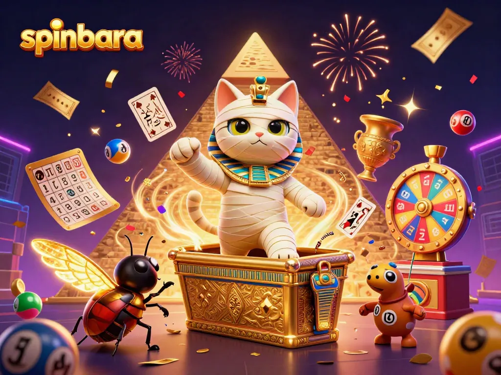 Spinbara's magical world features a mummy cat and glowing scarab immersed in a vibrant casino.