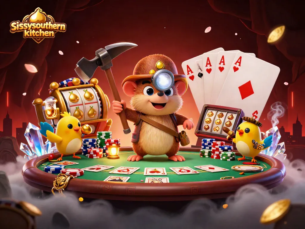Sissyssouthernkitchen captures a treasure hunter mole enjoying a high-energy casino scene with vibrant poker elements.