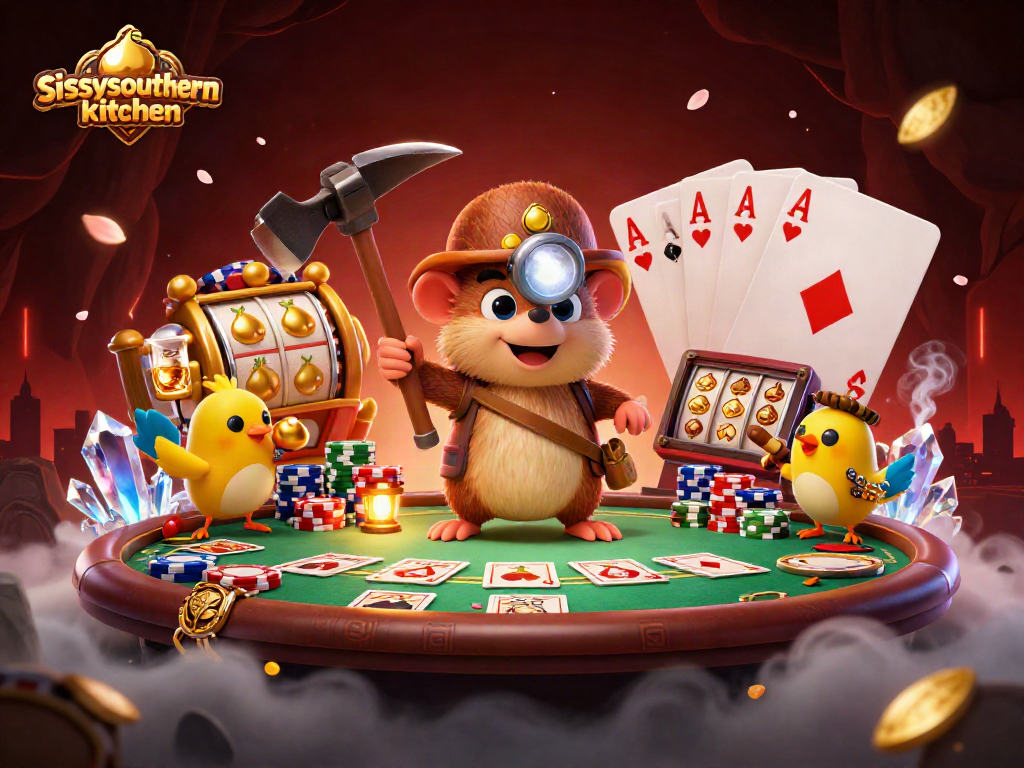 Sissyssouthernkitchen captures a treasure hunter mole enjoying a high-energy casino scene with vibrant poker elements.