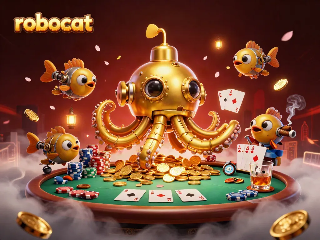 Robocat engages players in a captivating poker scene, with vibrant gaming elements and dynamic ambiance.