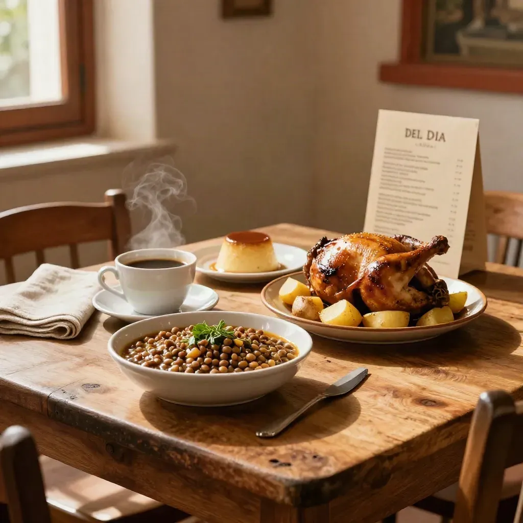 Trío de menú del día con lentejas, pollo asado, flan y café en mesa rústica soleada.