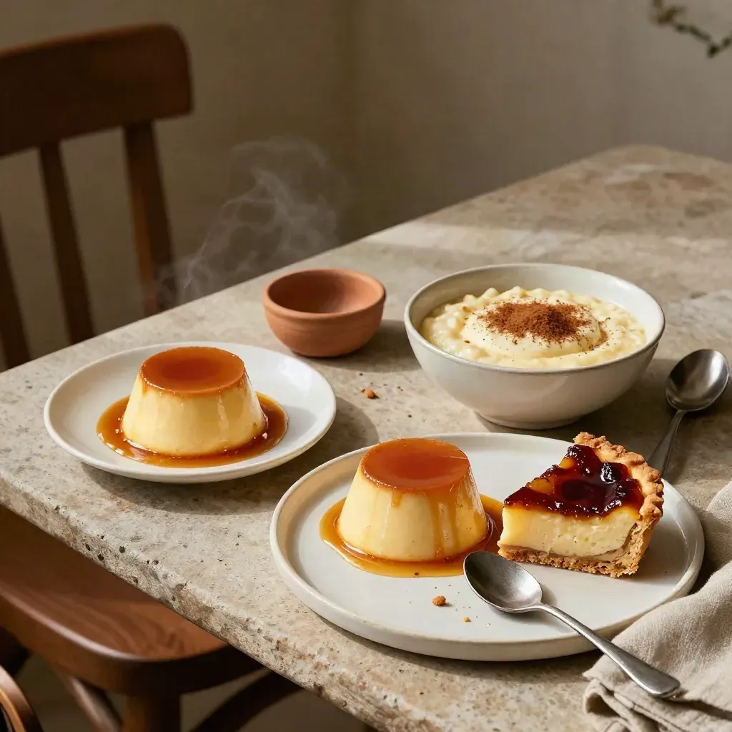 Trío de postres caseros sobre mesa de piedra: flan, arroz con leche y tarta en corte.