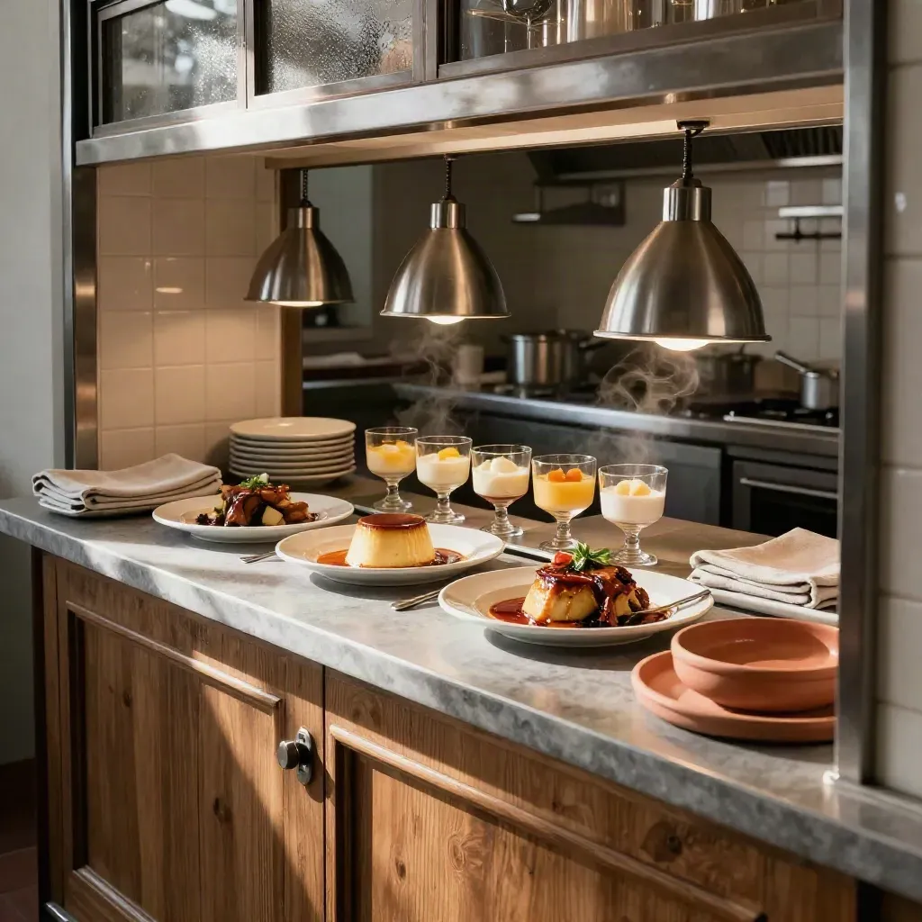 Pass de cocina con tres platos calientes y copas de postre bajo lámparas de calor