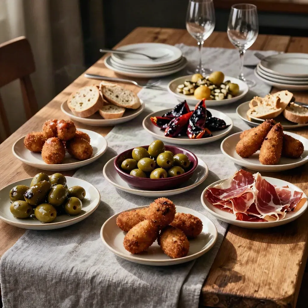 Mesa de tapas para diez, platos compartidos y copas de vino en una mesa rústica.
