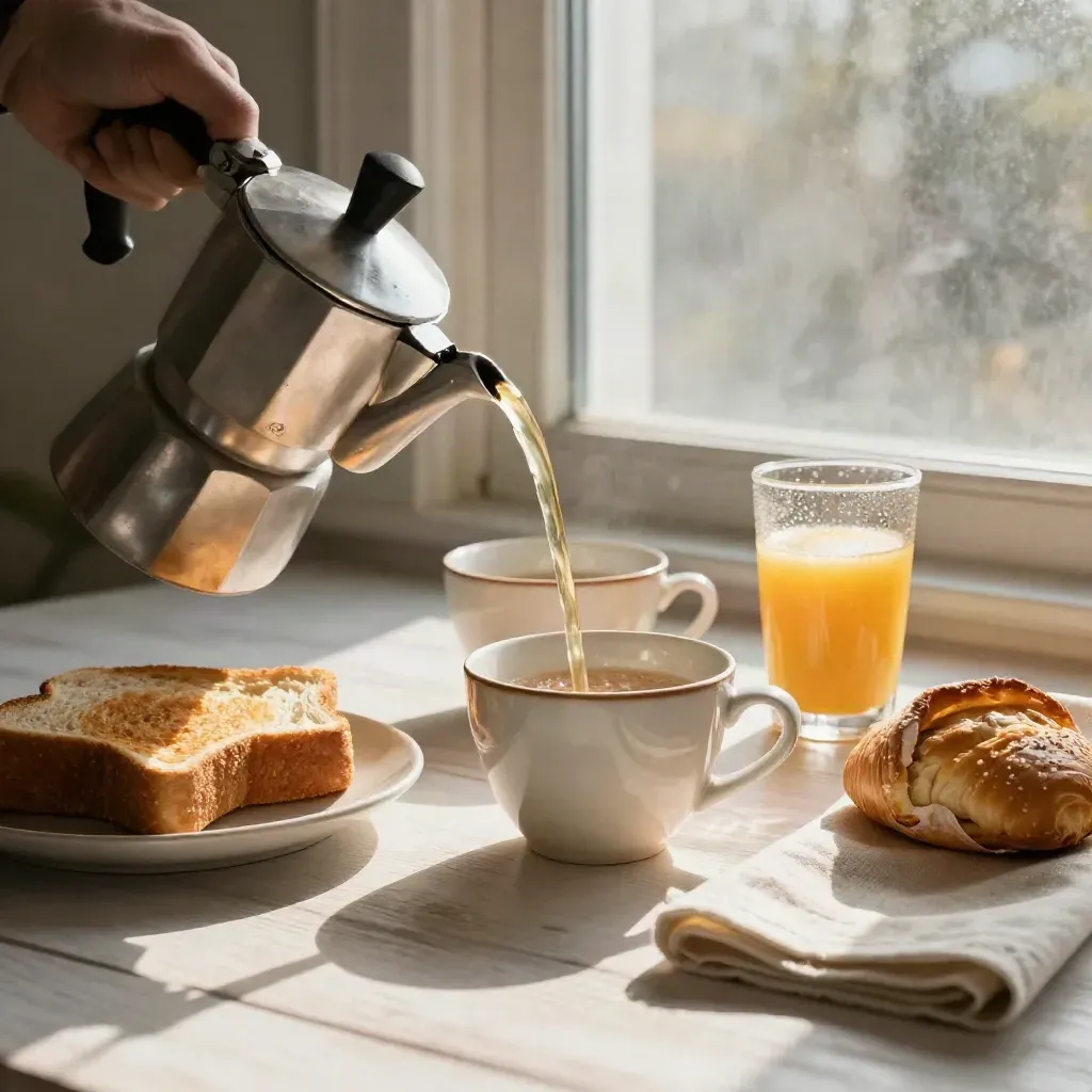 Desayuno temprano junto a la ventana con café, zumo, tostadas y bollería envuelta.