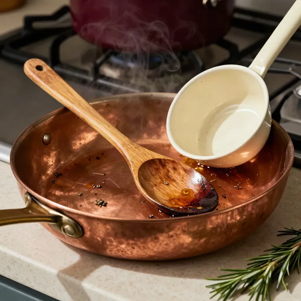 Utensilios de cocina usados sobre piedra travertino, con cobre, madera y vapor suave.