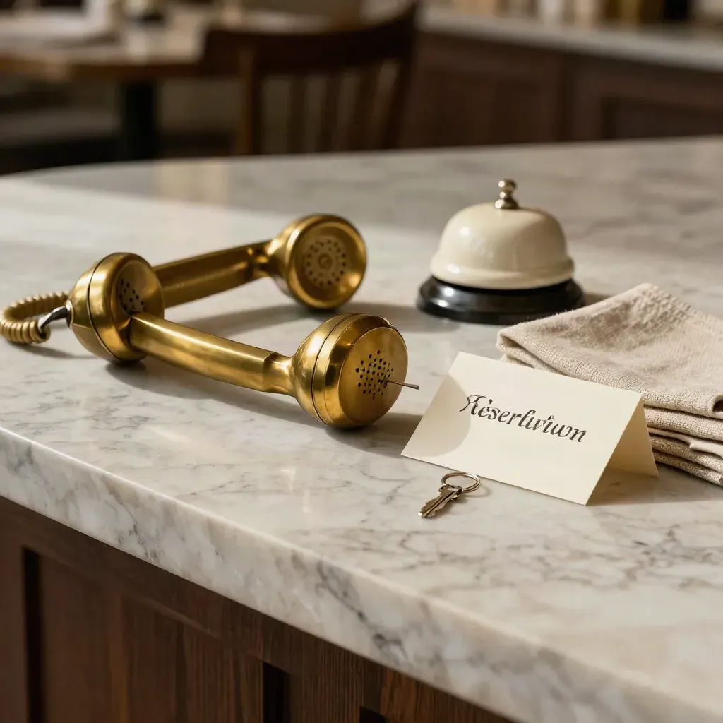 Teléfono de bronce, llavero, campana de mesa y servilletas de lino sobre mármol.