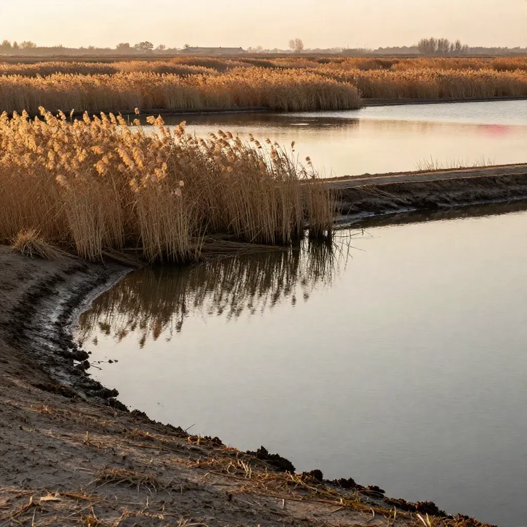 Marismas de Horta Sud al atardecer, agua quieta, juncos altos y cielo dorado.