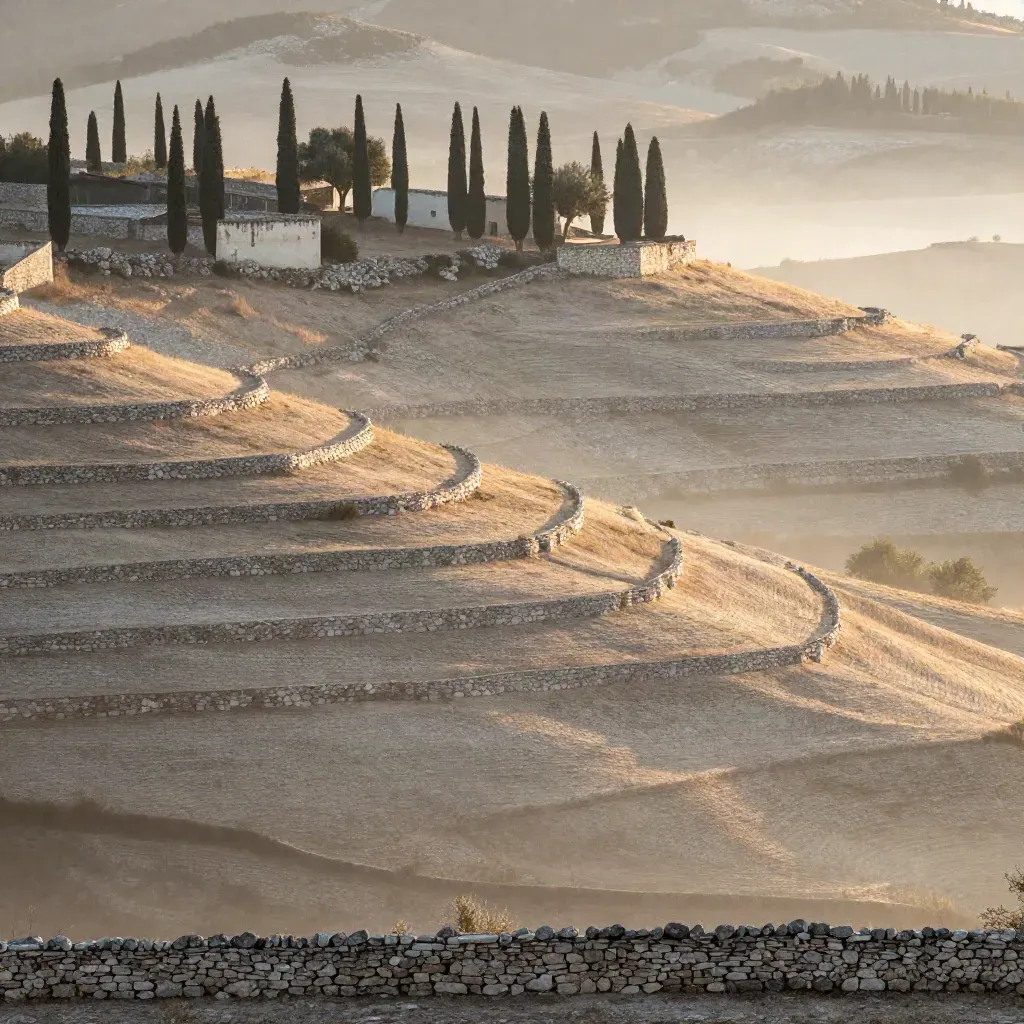 Terrazas de piedra seca, cipreses y lomas de Camp de Túria al amanecer.