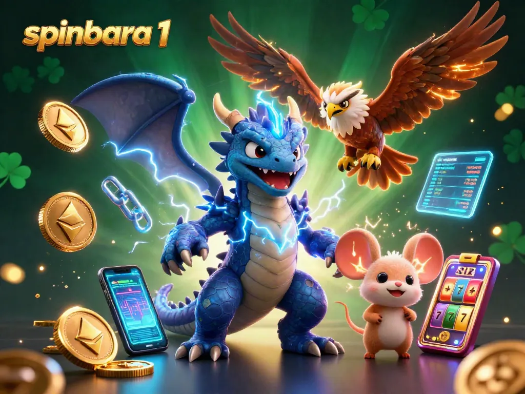 Experience the thrill of spinbara 1 with vibrant characters and slot elements in a dynamic 3D casino illustration.