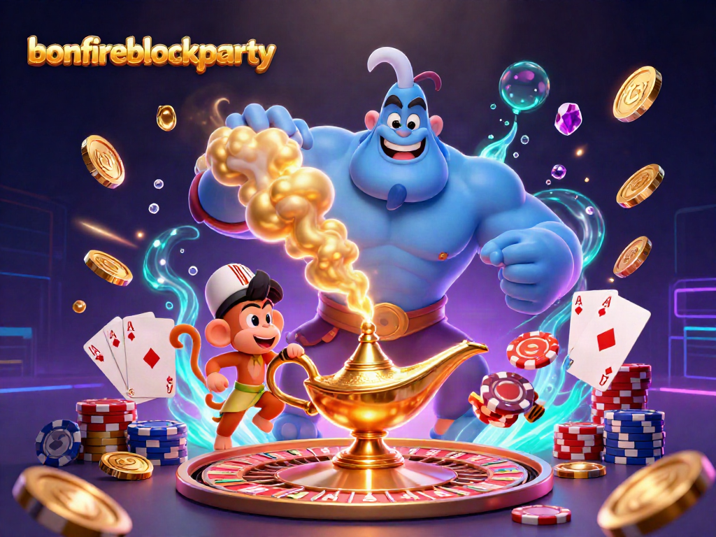 Experience the thrilling bonfireblockparty in this vibrant casino-themed scene featuring a genie, monkey, and casino elements.